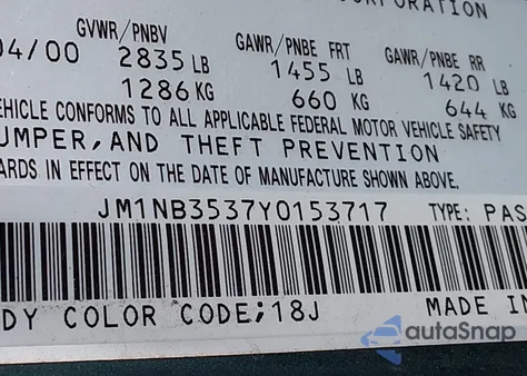 2000 Mazda Mx-5 Miata Ls/Special Edition z USA, uszkodzony, nr VIN JM1NB3537Y0153717